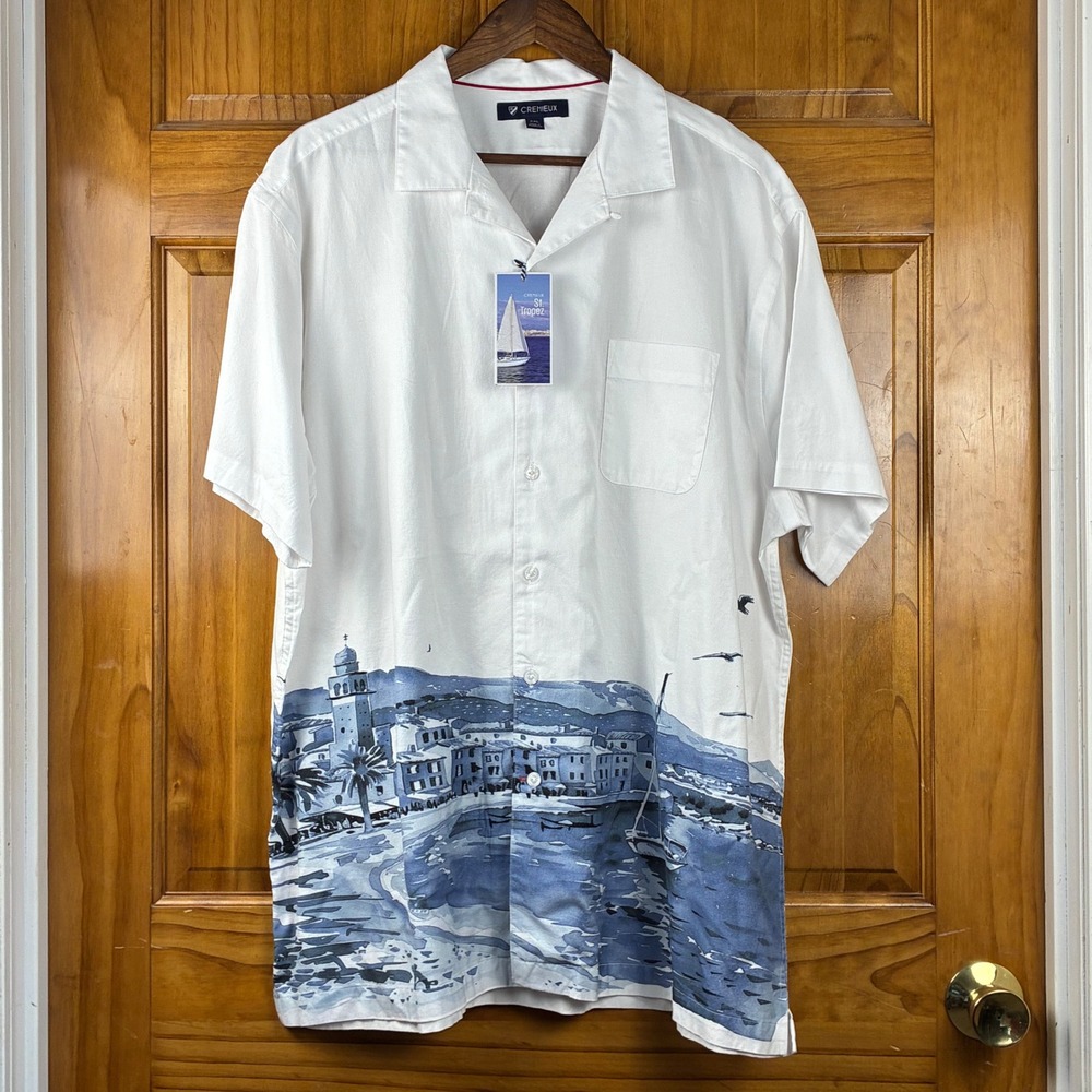 Cremieux St. Tropez Mens XXL White Blue Coastal Scene Cotton Camp Shirt NWT